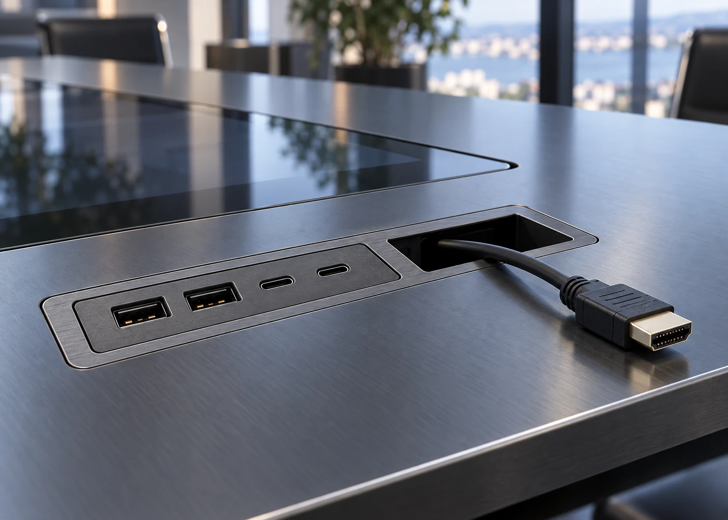 Masanın iki USB-A ve iki USB-C girişiyle gömülü HDMI kablo yuvasının yakın planı