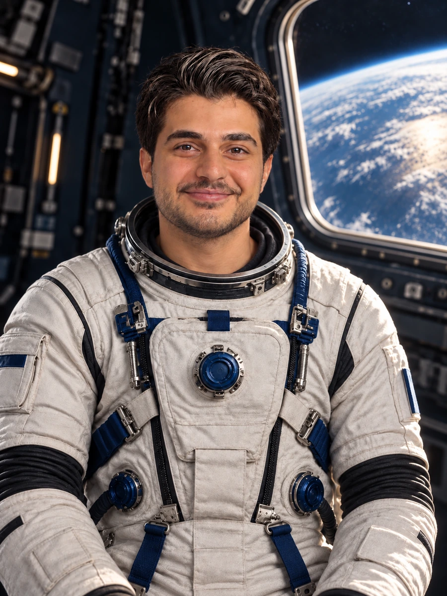 Aynı kişinin uzay aracı içinde astronot kıyafetli portresi