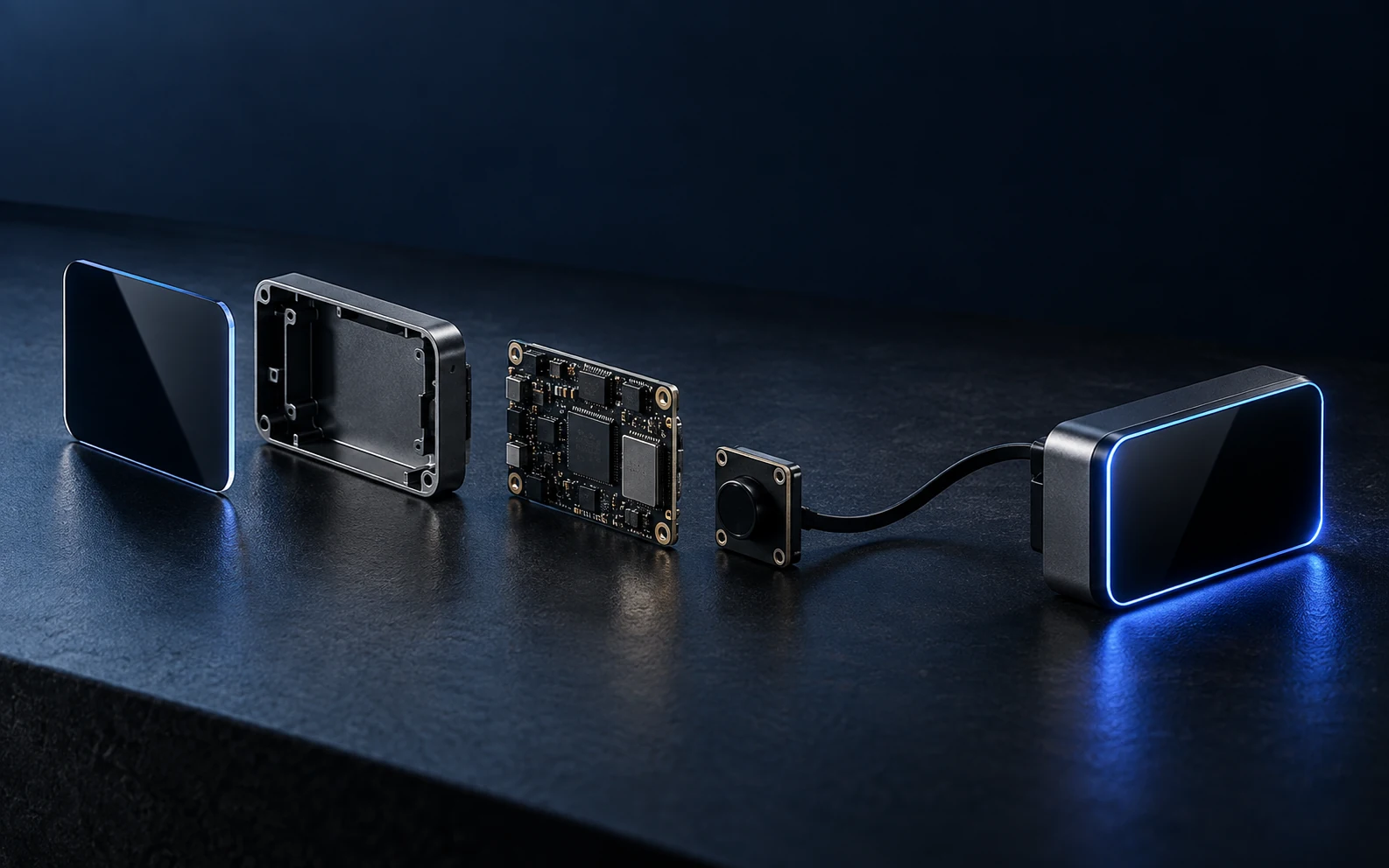 Bir kontrol sisteminin cam yüzeyi, metal muhafazası, elektronik kartı ve bağlantılı sensör bileşenleri