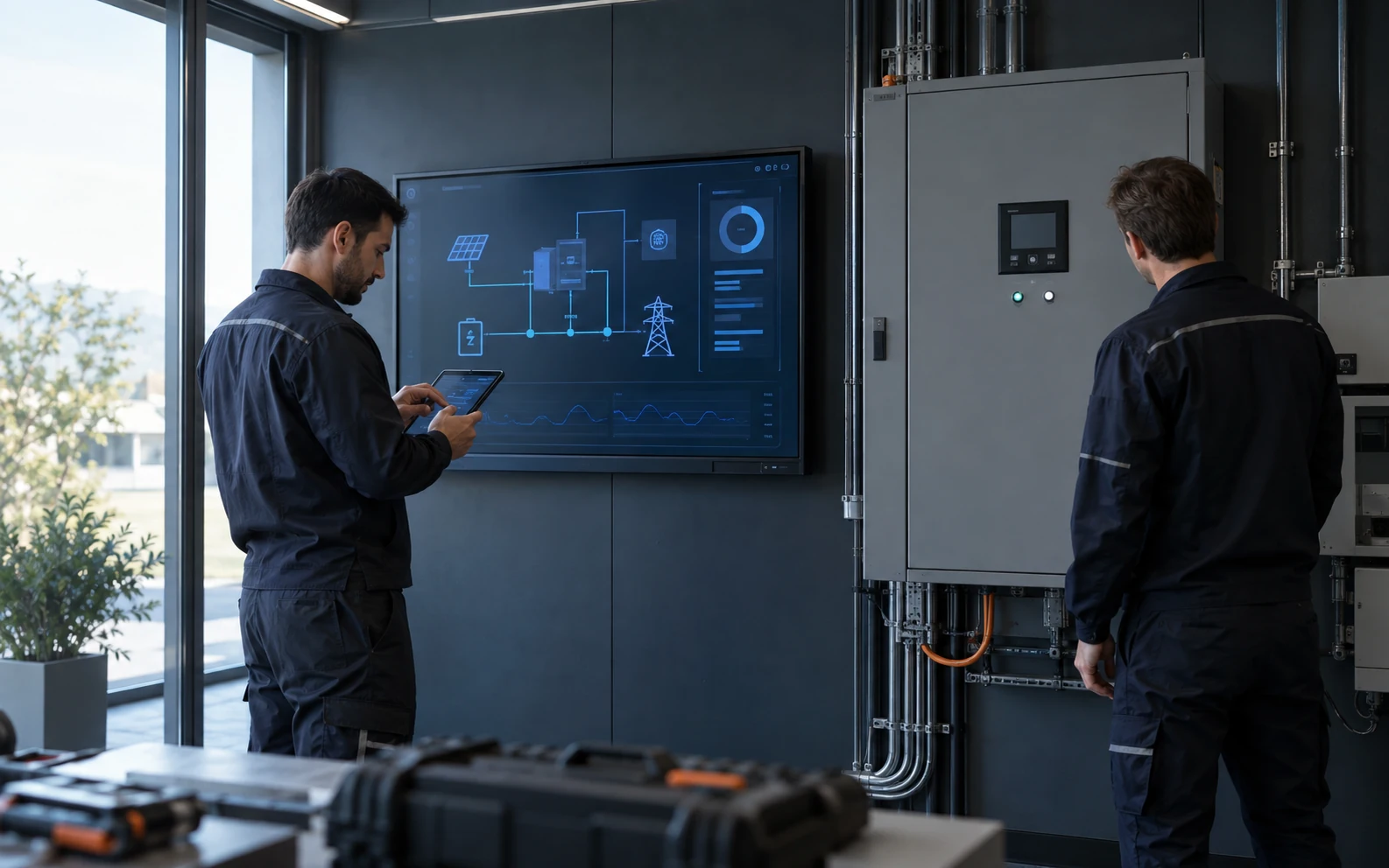 Kurulu bir etkileşimli ekran ve kontrol sistemini tabletle değerlendiren iki teknisyen