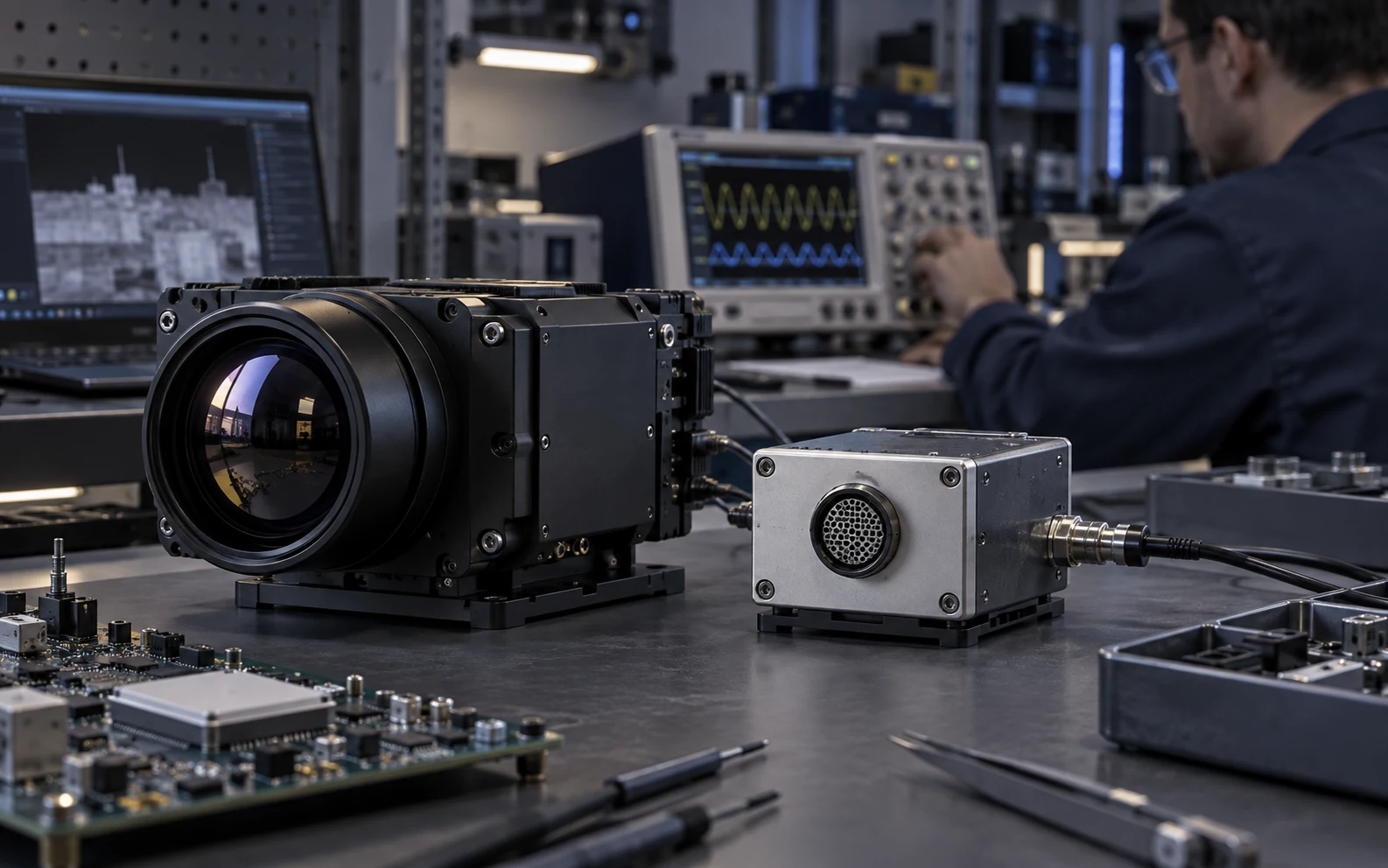 Optik modül, sensör prototipi ve elektronik ölçüm ekipmanlarını gösteren laboratuvar konsepti