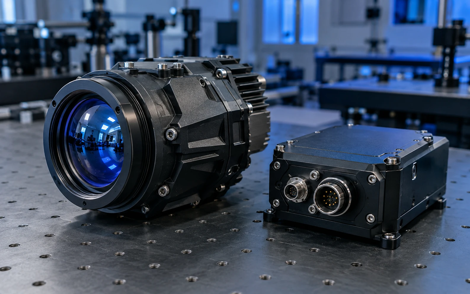 Optik laboratuvar tezgâhında termal lens muhafazası ve bağlantıları görünen elektronik modül