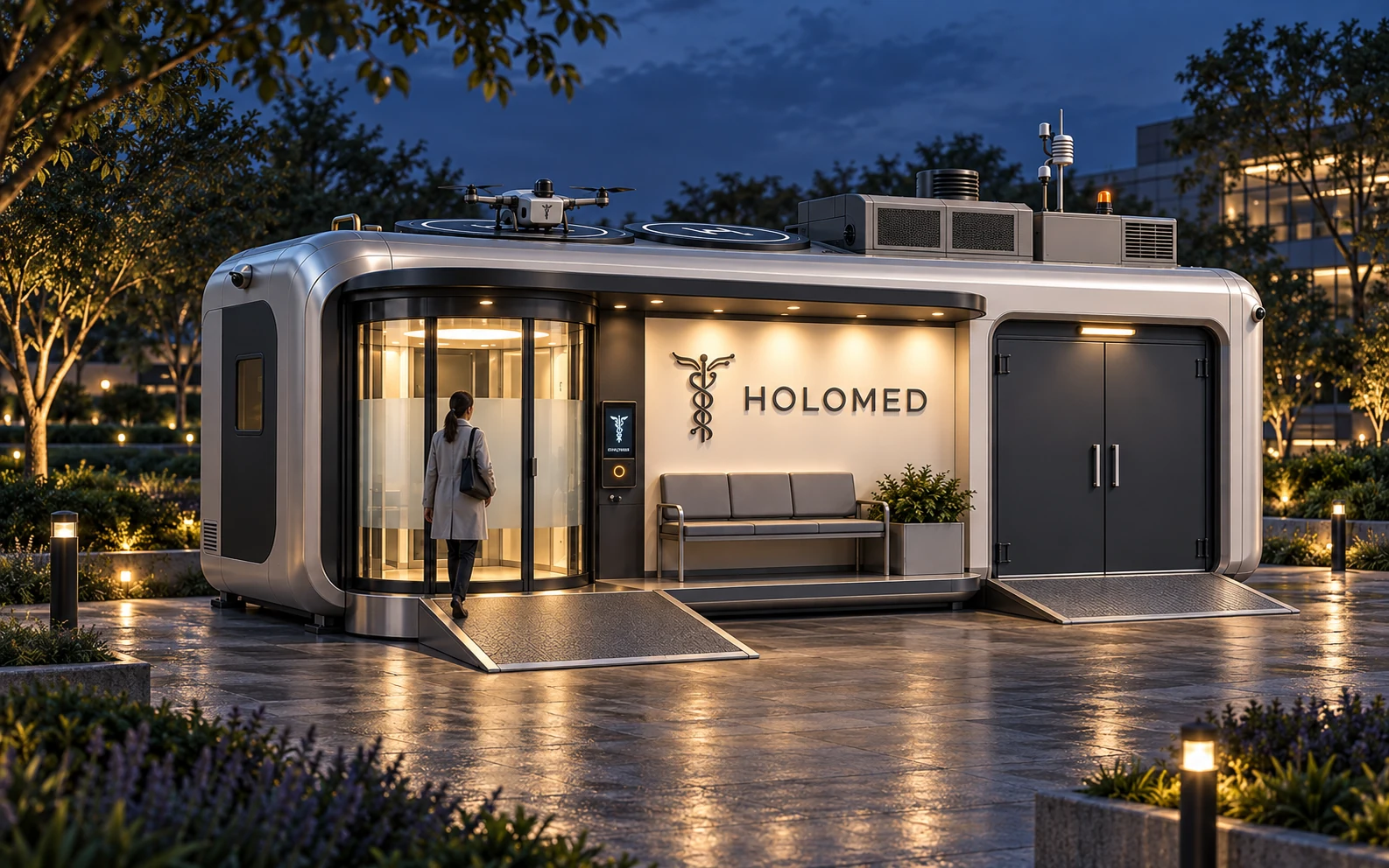 Peyzajlı bir alanda akşam ışığında HOLOMED kabinine yaklaşan ziyaretçi, kabin girişi ve rampalar
