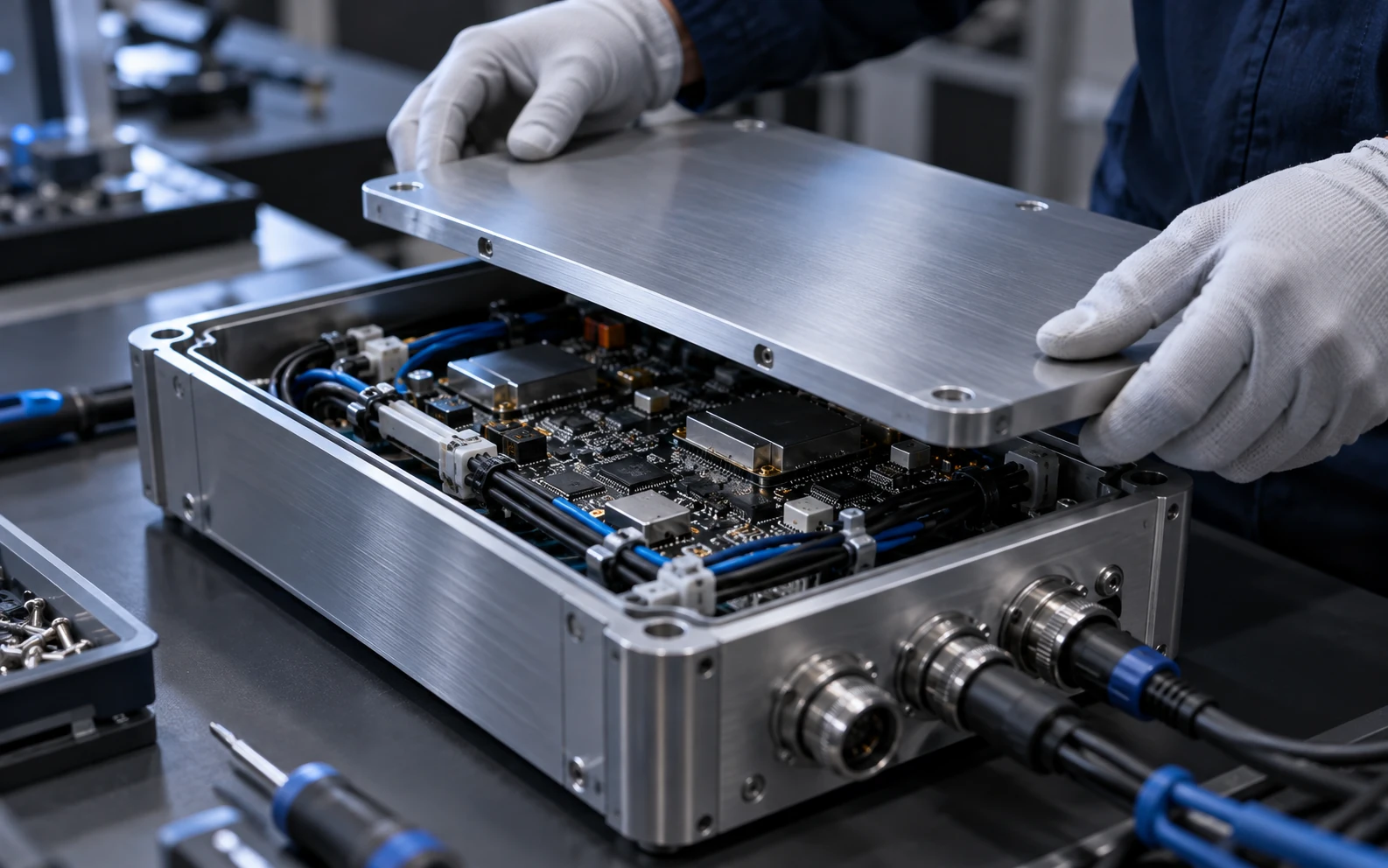 Alüminyum muhafazaya yerleştirilmiş elektronik kartın bağlantı ve montaj detayları