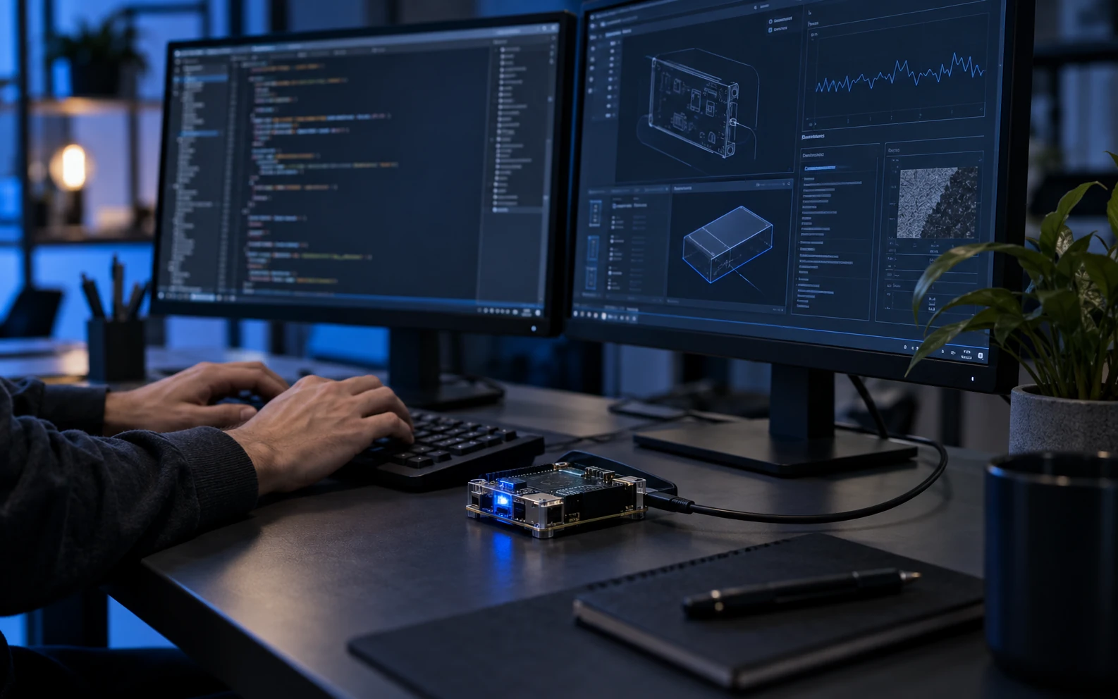 Bir yazılım geliştirme masasında monitörler, klavye ve bağlantılı küçük bir elektronik cihaz